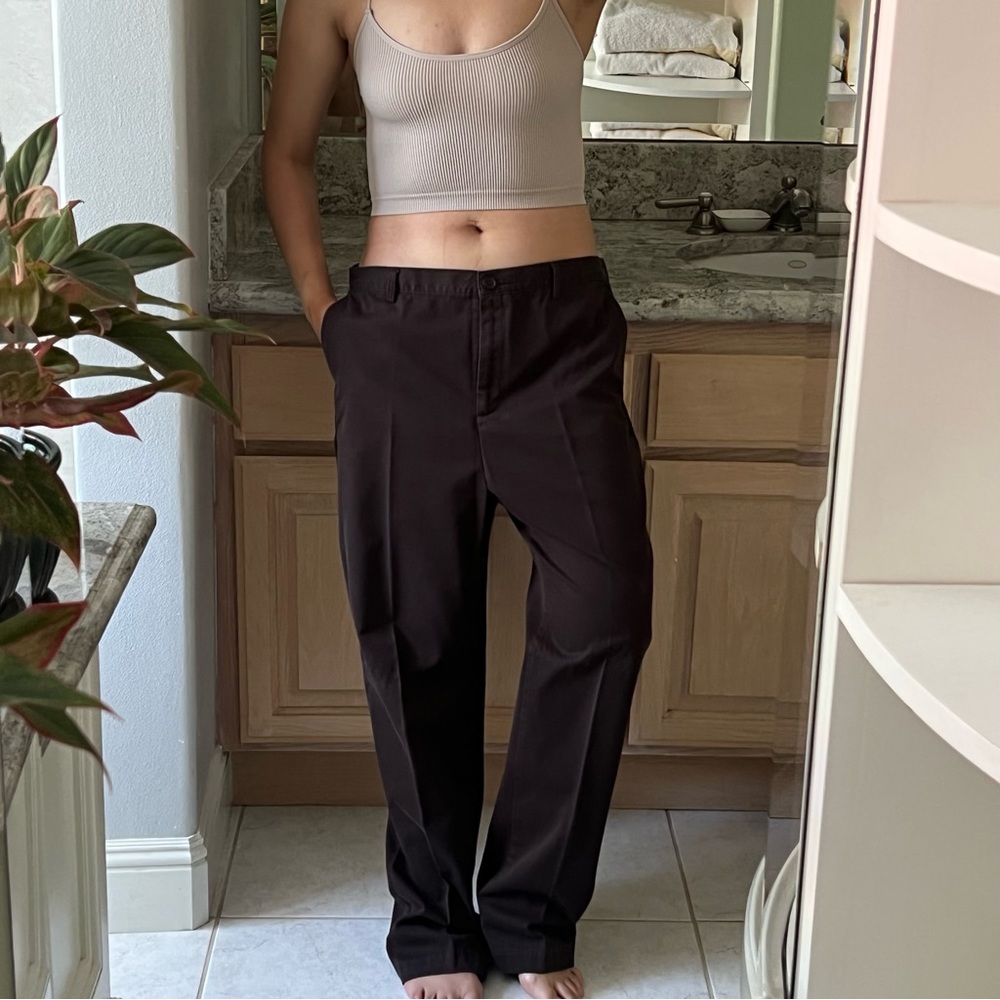 Land's End Vintage Flat Front Twill Cotton Brown Chino Pants w/ Elastic Waist 12